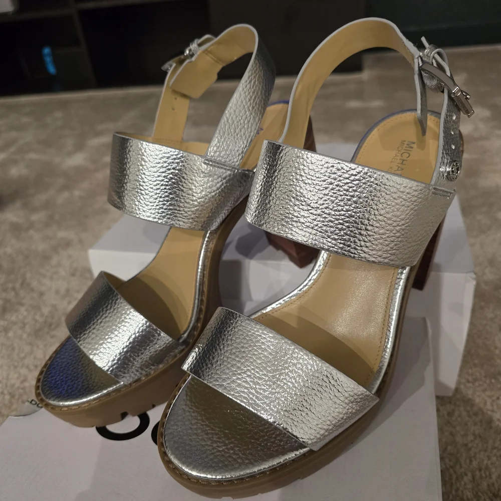Michael Kors Silver Metallic Leather Block Heel Sandals